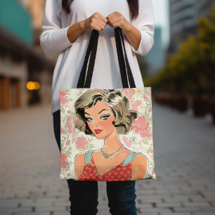 Vintage Art Tote Bag, Retro Fashion Illustration  Bag