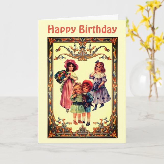 Vintage Art Victorian Children Birthday Card (Yellow Flower)