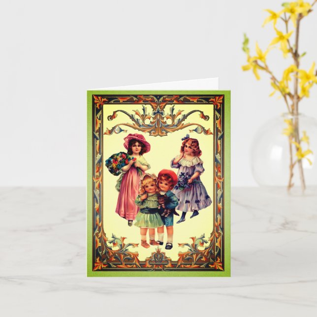 Vintage Art Victorian Children Note Card (Yellow Flower)