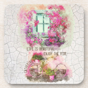 Vintage art watercolor bicycle window decoupage  coaster