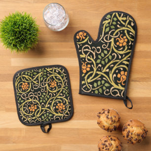 Vintage Arts and Crafts Floral Pattern Roycroft Oven Mitt & Pot Holder Set