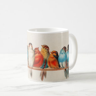Vintage Artwork Colorful Birds Sitting on a Perch Coffee Mug