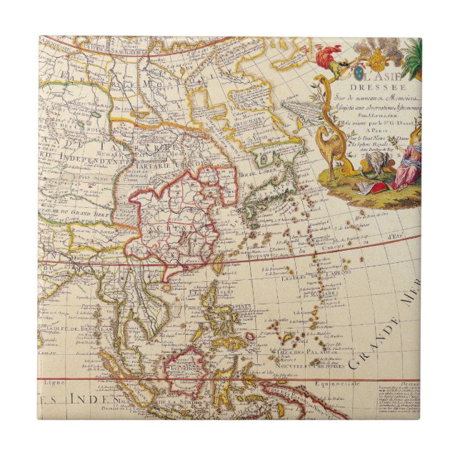 Vintage Asia Map - Ornate French Title Cartouche Tile (Front)