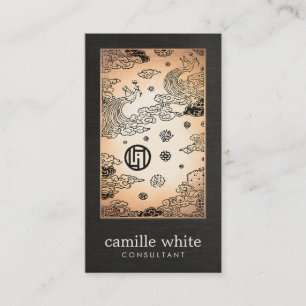 Vintage Asian Gold Peacock and Lotus Black Linen Business Card