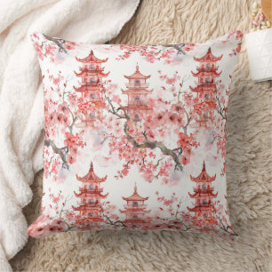 Vintage Asian Pagoda Pink Blossom Scenic Art Cushion