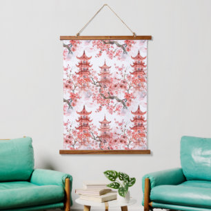 Vintage Asian Pagoda Pink Blossom Scenic Art Hanging Tapestry