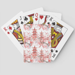 Vintage Asian Pagoda Pink Blossom Scenic Art Playing Cards