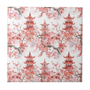 Vintage Asian Pagoda Pink Blossom Scenic Art Tile