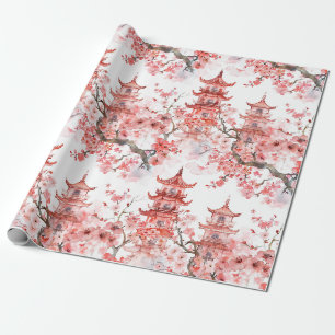 Vintage Asian Pagoda Pink Blossom Scenic Art Wrapping Paper