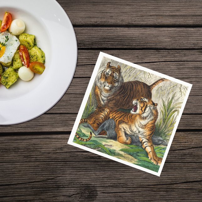 Vintage Asian Striped Fierce Tiger Napkin (Two bengal striped tigers in tall grass fighting over prey on napkins.)