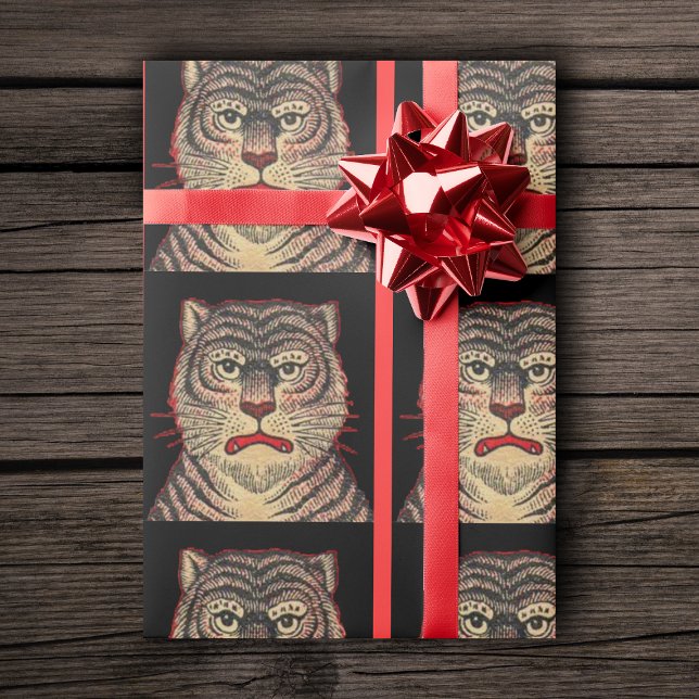 Vintage Asian Striped Fierce Tiger Wrapping Paper (Asian striped tiger fierce looking face on black and red roll of gift wrapping paper.)