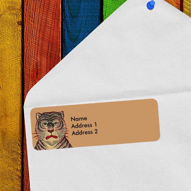 Vintage Asian Tiger (Head of striped Asian tiger with fierce face on brown return address labels.)