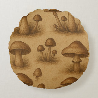 Vintage Assorted Mushrooms Round Cushion