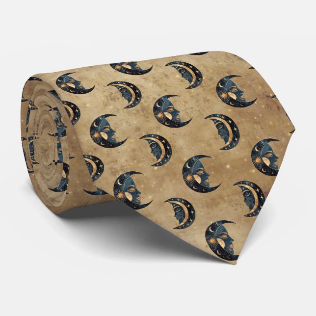 Vintage Astrology Moon Star Pattern Tie (Rolled)
