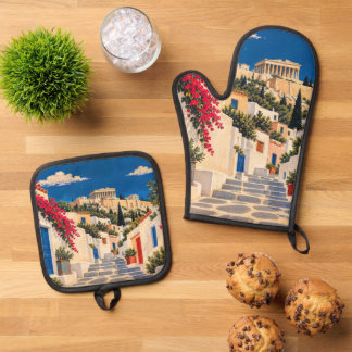 Vintage Athens Greece Oven Mitt & Pot Holders Set
