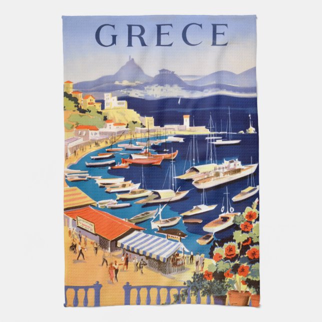 Vintage Athens Greece Travel Tea Towel (Vertical)