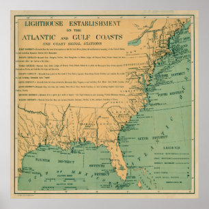Vintage Atlantic and Gulf Coast Lighthouse Map Poster