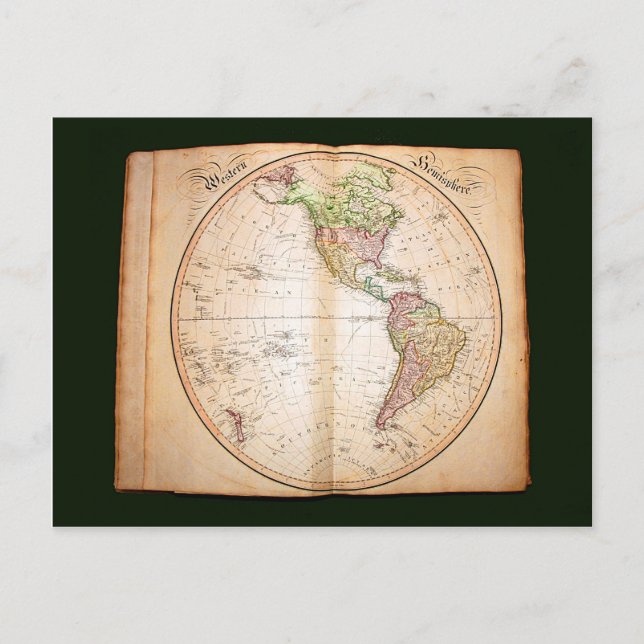 Vintage atlas showing western hemisphere postcard (Front)