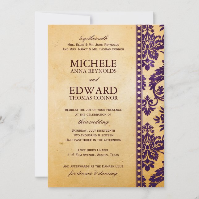 Vintage Aubergine Damask Lace Wedding Invitation (Front)