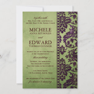 Vintage Aubergine & Olive Damask Lace Wedding Invitation