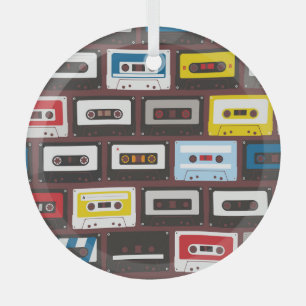 Vintage audio cassettes, seamless background. glass tree decoration