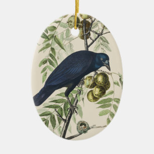 Vintage Audubon American Crow Bird Nature Art Ceramic Tree Decoration