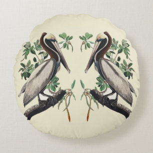 Vintage Audubon Brown Pelican Coastal Bird Art Round Cushion