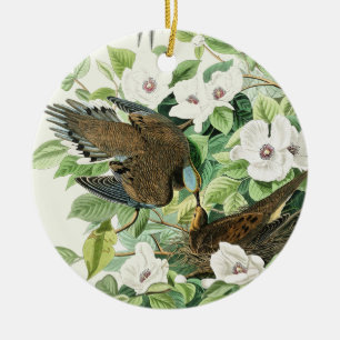 Vintage Audubon Mourning Dove Bird Flower Art Ceramic Tree Decoration