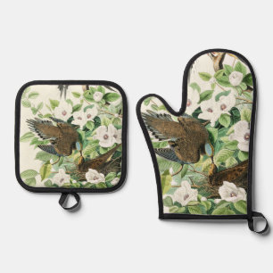 Vintage Audubon Mourning Dove Bird Flower Art Oven Mitt & Pot Holder Set
