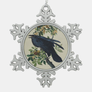 Vintage Audubon Raven Bird Nature Art Snowflake Pewter Christmas Ornament