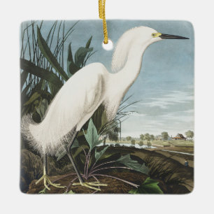 Vintage Audubon Snowy Heron White Egret Bird Art Ceramic Ornament