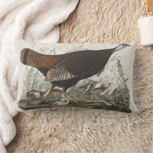Vintage Audubon Wild Turkey Hen & Young Art Lumbar Cushion