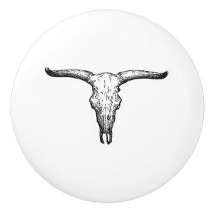 Vintage Aurochs Skull Illustration Ceramic Knob
