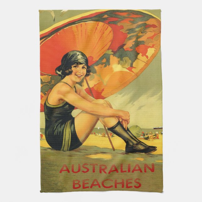 Vintage Australian Beaches Poster Tea Towel (Vertical)