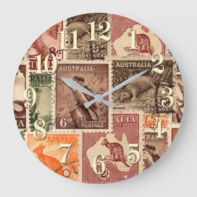 Vintage Australian Postage Stamps Collection Large Clock (Front)