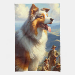 Vintage Australian Shepherd Painting Tea Towel