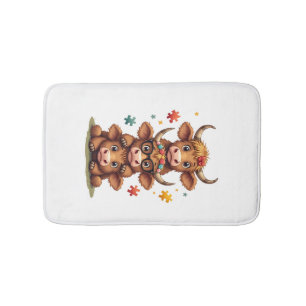 Vintage Autism Highland Cow Trio Peeking Cute Cow Bath Mat