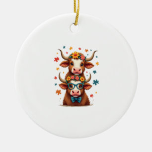 Vintage Autism Highland Cow Trio Peeking Cute Cow  Ceramic Tree Decoration
