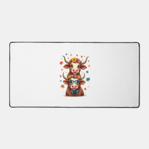 Vintage Autism Highland Cow Trio Peeking Cute Cow Desk Mat