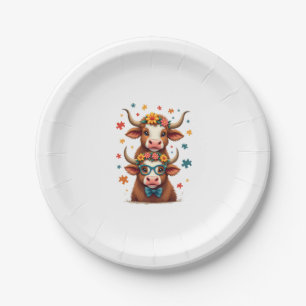 Vintage Autism Highland Cow Trio Peeking Cute Cow  Paper Plate