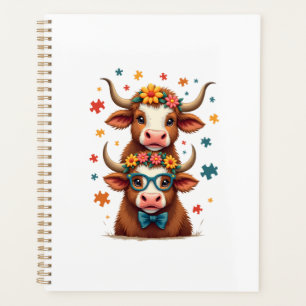 Vintage Autism Highland Cow Trio Peeking Cute Cow Planner