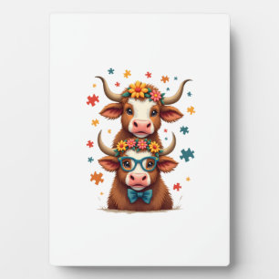 Vintage Autism Highland Cow Trio Peeking Cute Cow Plaque