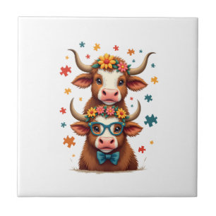 Vintage Autism Highland Cow Trio Peeking Cute Cow Tile