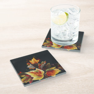 Vintage Autmn Leaf Motif Glass Coaster
