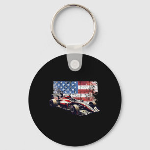 Vintage Auto Racing Car American Flag 4th Of July Key Ring