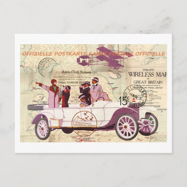 Vintage Automobile Biplane Sightseers Postcard (Front)
