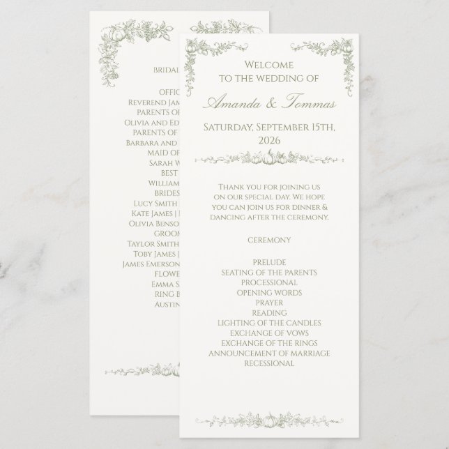 Vintage Autumn Botanical Oak & Pumpkin Wedding  Programme (Front/Back)