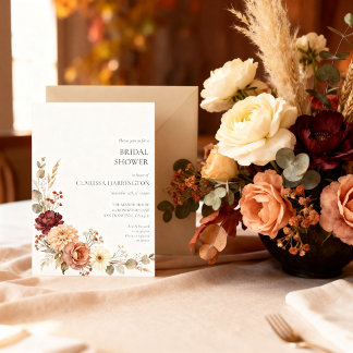 Vintage Autumn Burgundy Peach Floral Bridal Shower Invitation