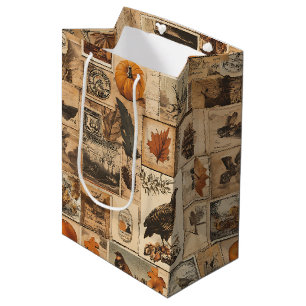 Vintage Autumn Collage Pattern Rustic Ephemera Medium Gift Bag