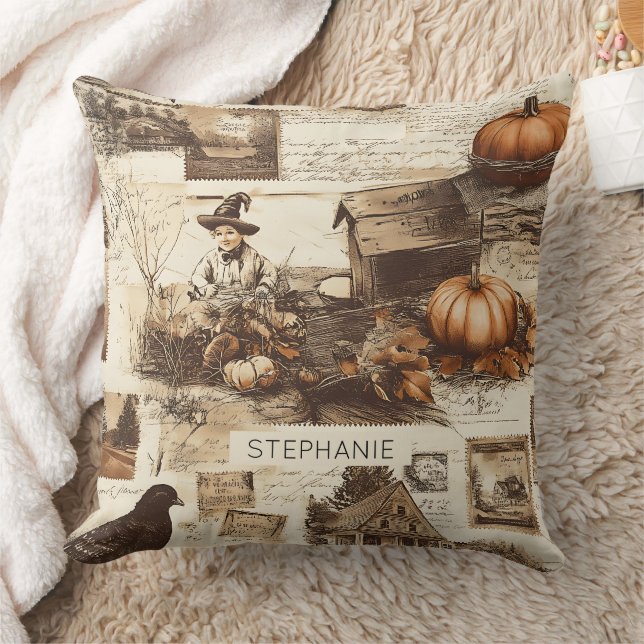 Vintage Autumn Collage | Rustic Sepia Ephemera Cushion (Blanket)